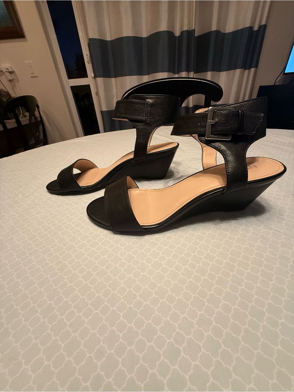 Nine West Black Leather Wedge Sandals with Ankle Buckle